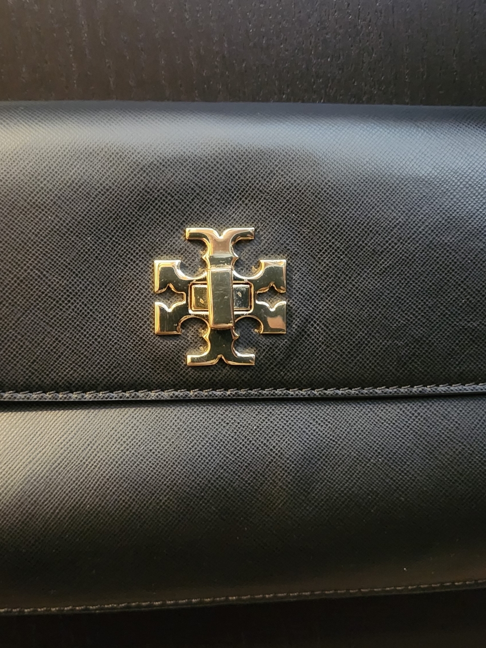 Tory Burch Black Saffiano Leather Clutch with Gold Logo